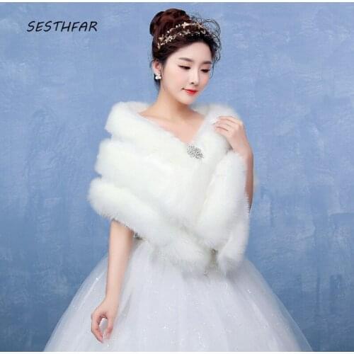 Wedding Shawl Evening New Bridal Wraps Bolero Faux Fur Party Prom Jacket Coat Winter White Fur Shawl Wedding PJ050