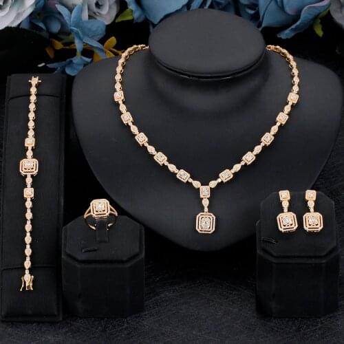 Bride Talk Luxury Geometry Cubic Zircon Silver Color Necklace Earring Bracelet Ring Jewelry Set For Women Wedding Bridal Jewelry