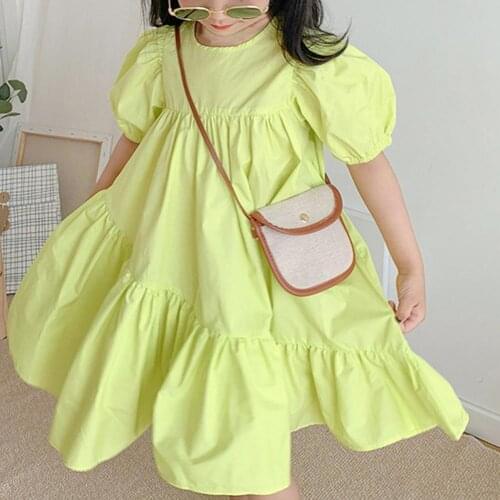 Girls Loose Dress Puff Sleeve Princess Style Solid Color Simple Dress Daily Wear