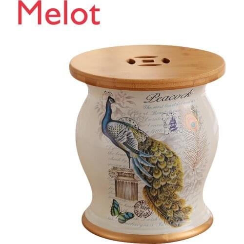 Hot European Drum Ceramic Stool with wooden lid StorageOttomans Makeup Stools European Shoe Bench Chinese Zither Stools 27X31cm