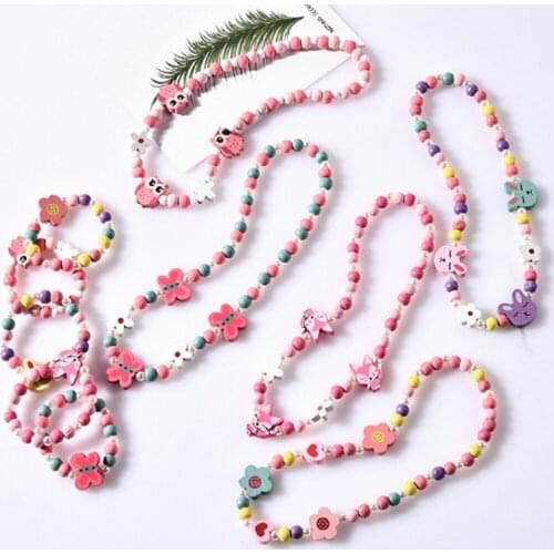 Candy Color Wood Beads Girls Jewelry Cute Animal Insect Flower Children Necklace Bracelet Set Birthday Party Jewelry Gift