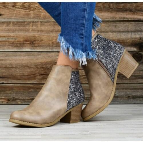 Women Boots Flock Ankle Boot Autumn Winter Solid Mid-heeled sequined winter boots women botas Large size25-43 W20-40