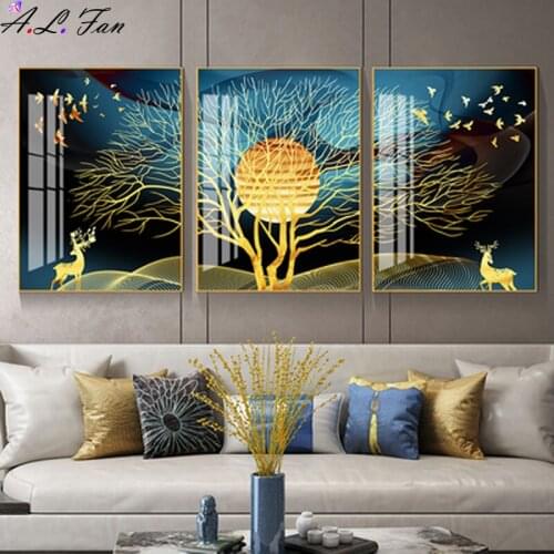 Golden abstract wall painting of deer, deer tree, bird, Nordic posters and prints, decorative images for living room, home decor