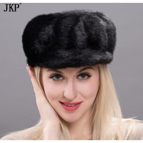 100% real natural mink fur hats women winter fashion Black Earmuffs Casual cap