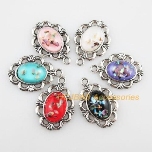 12 New Oval Flower Resin Pendants Shivering Mixed Charms Tibetan Silver 18x22mm