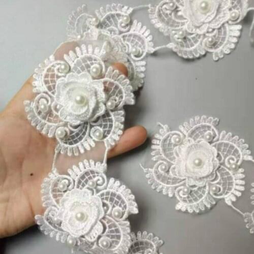 20Pcs Wide 7.5cm White 3D Flower Pearl Lace Trimming Embroidery Lace Applique Dress Accessories TL02