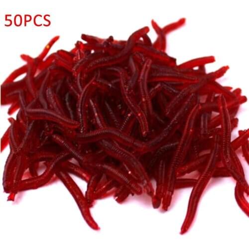 50Pcs Rubber Artificial Lifelike Red Worm Earthworm Worm Freshwater Seawater Soft Fishing Baits Sea Fishing Fake Lures Tackle