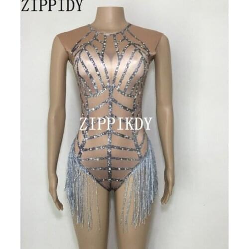 Sparkly Rhinestones Silver Tassel Bodysuit Sleeveless Big Stretch Womens Party Prom Bar Outfit Stage Female Singer Show