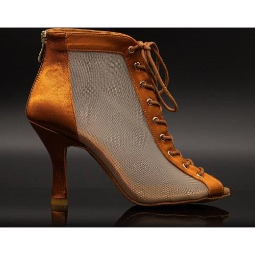 【Havana Calling】Bronze Satin Lace Up Mesh 8.5cm Boots
