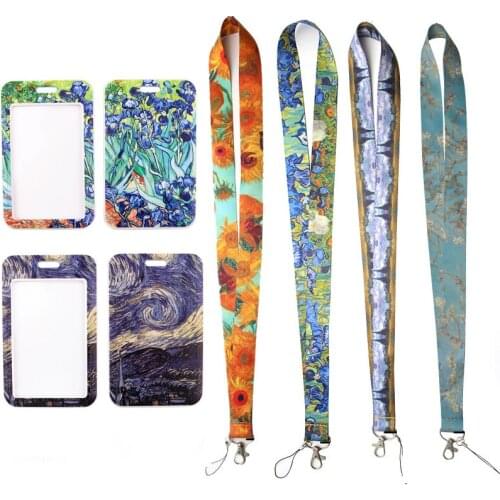 24pcs/lot MD654 DMLSKY Cartoon Vangogh Oil Painting Lanyard Keychain keys Badge Mobile Phone Rope Lanyard With Card Holder Cover