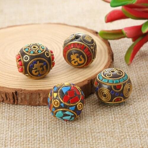 5pcs 24mm Vintage Tibetan Beads Nepal Indian Metal Round Beads Ornaments Handicraft Accessories Yoga OM Beads For Jewelry Making