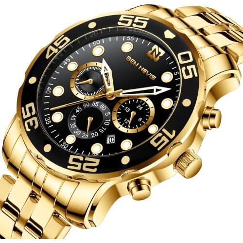 Top Brand Luxury Chronograph Sport Mens Watches Quartz Clock Stainless Steel Male Wristwatch Fashion Gold Men Relogio Masculino