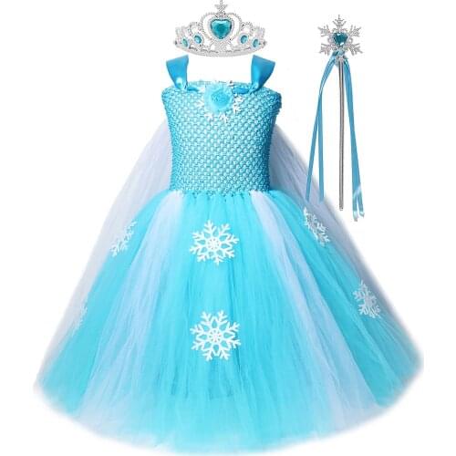 Queen Elsa Dresses for Girls Long Tutu Dress with Cloak Kids Cosplay Halloween Costumes New Year Snowflake Crown Princess Outfit