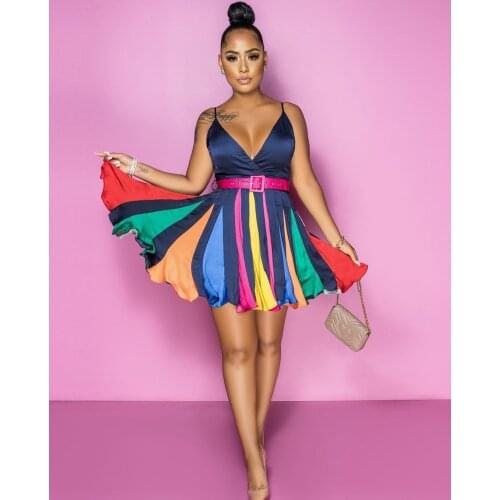 Elegant Colorful Pleated Mini Women Summer Dress Sexy V Neck Spaghetti Strap Backless Club Party Dresses Robe Femme
