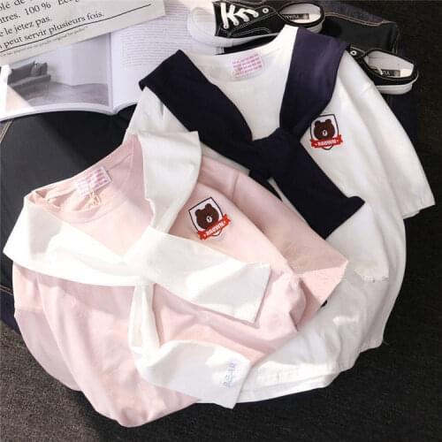 Harajuku Kawaii Animal Bear Embroidery T Shirts Women Short Sleeve T-shirt Aesthetic Uzzlang Style Streetwear Cute Tee Shirts