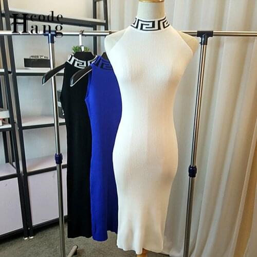 HangCode Brand Fashion Vintage Turtleneck Design Knit Bodycon Female Sleeveless Elastic Sheath Women Summer Dress Midi Vestidos