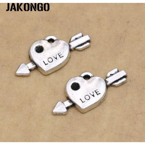 JAKONGO Antique Silver Plated Arrow Heart Love Charm Pendants for Jewelry Making Bracelet Accessories DIY 12x19mm 20pcs/lot