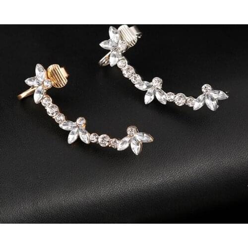 Punk Women Gift Jewelry Full Rhinestone Clover Ear Cuff Clear Crystal Flower Earcuff Fashion Rhinestones Clip Earrings