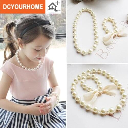 2pcs Child accessories large pearl baby necklace bracelet suit Necklace set Childrens bracelet Pearl necklace