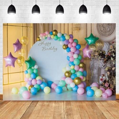 Laeacco Happy Birthday Colorful Balloons Stars Interior Scene Party Customized Photography Background Photo Backdrop Photocall