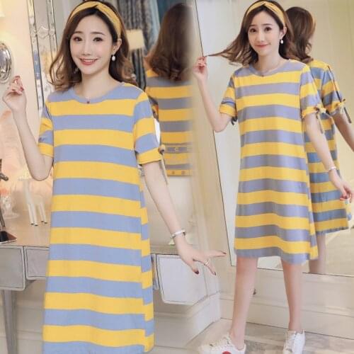 Mid-Length Wide Stripe Summer Dresses Maternity Clothes Round Neck Breastfeeding Clothes Pregnant Clothes 2021 Summer