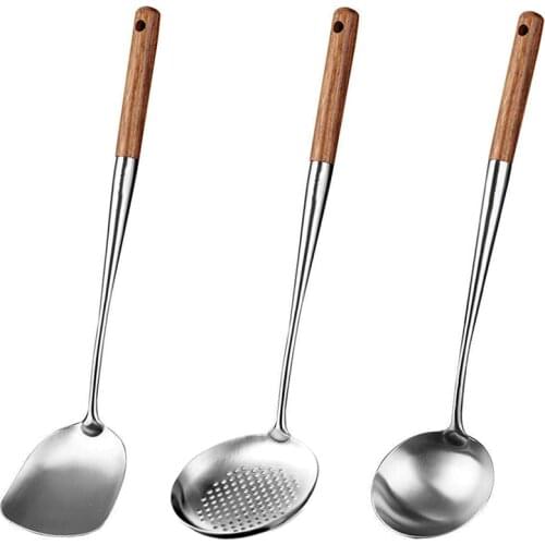 Wok Spatula and Ladle,Skimmer Ladle Tool Set, 17Inches Spatula for Wok, 304 Stainless Steel Wok Spatula