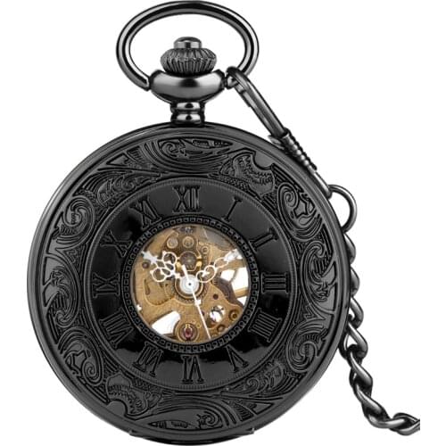 Steampunk Black Handwinding Mechanical Skeleton Pocket Watch for Men Women Pendant Chain Clock Carving Roman Number Timepiece