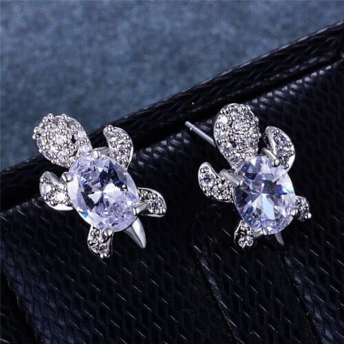 Cute Female Small Turtle Animal Earring Classic Silver Color Crystal Stud Earrings Fashion White Zircon Party Earrings For Women