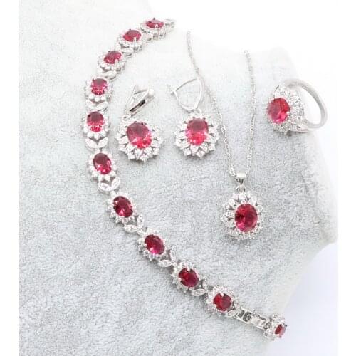 Fashion Jewelry Sets For Women 925 Stamp Silver Color Rose red Stones Necklace Pendant Bracelets Earrings Rings Christmas Gift
