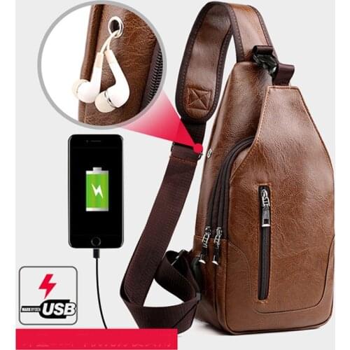 Mens Chest Bag Men Leather Chest Pack USB Backbag With Headphone Hole Functional Travel Organizer Male Sling Bag