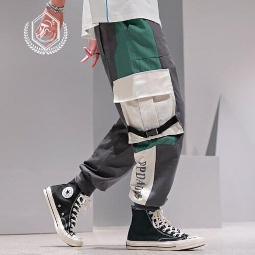 Men Loose Safari Style Harem Jogger Pants Patchwork Pockets Print Ankle-Length Hip Hop Pants