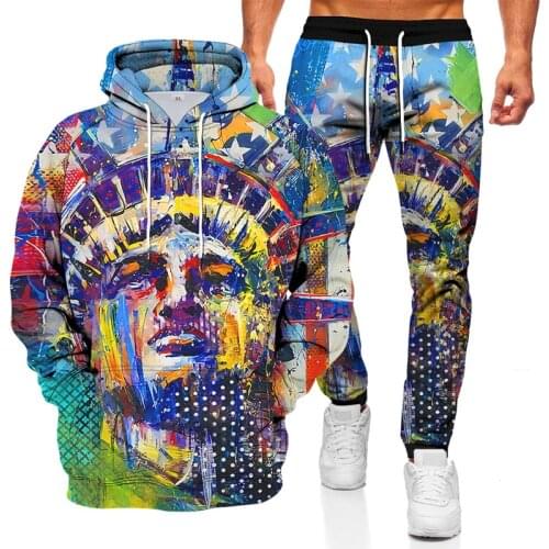 Autumn and winter mens character printing color matching casual sportswear suit pocket hooded sweater trousers two-piece suit