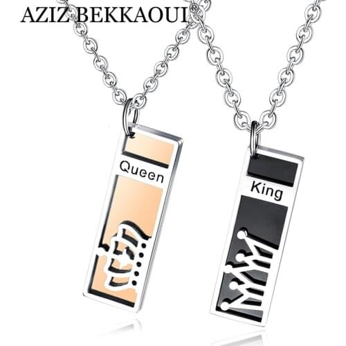 AZIZ BEKKAOUI King Queen Couple Necklaces with Crown Engrave Name Stainless Steel Tag Pendant Necklace for Lover Dropshipping