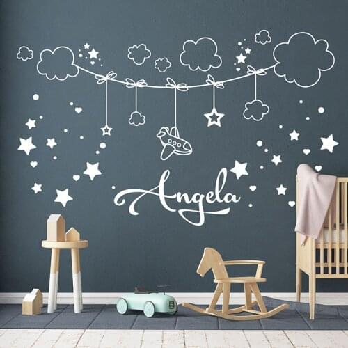Personalized Name Cloud Rope Cloud Star Wall Decal Girl Room Children Custom Name Plane Heart Sky Wall Sticker Kids Room Play