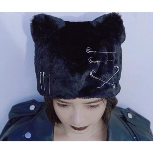 Beanie Punk Dark Pin Accessories Cat Ear Plush Hat Street Popular Casual Retro Warm Autumn Winter Hats Fashion Party