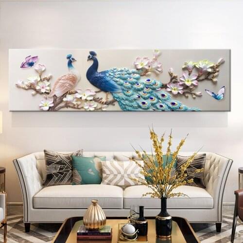 Nordic Modern Art Prints Modern Cotton Paintings Azure Peacock Blue Long Beautiful Tail Decorative Posters For Home Wall Decor