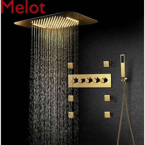 Ti-PVD Gold Shower Systems Bathroom Faucets Rain Shower Set Music LED Shower Head Thermostatic Brass Concealed Mixer