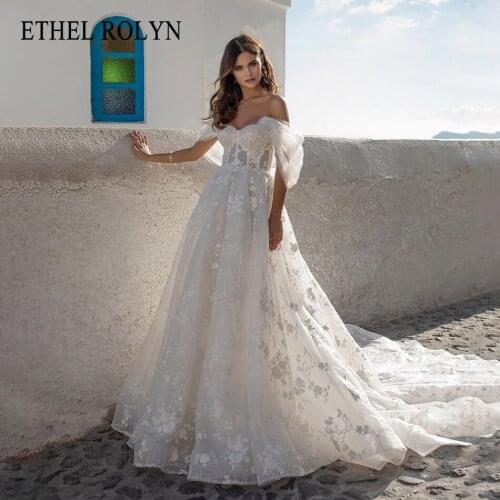 ETHEL ROLYN A-Line Wedding Dress 2021 Classy Sweetheart Appliques Bride Detachable Off Shoulder Ruched Tulle Shiny Bridal Gown