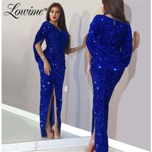 Royal Blue Abiye Sequins Evening Dresses Woman Party Night Gown 2020 Dubai Saudi Arabia Robe De Soiree Floor Length Prom Dress