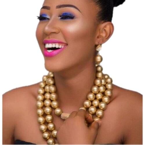 Splendid Gold African Beads Dubai Jewelry Sets 3 Layers Nigerian Women Wedding Necklace Set of Jewelry Fashion Free Ship 2018