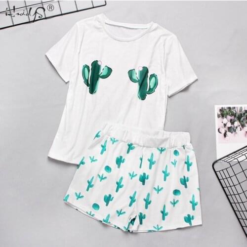 Spring Summer Women Pajamas Set Cartoon Casual Womens Clothing Pyjamas Suit Female Short Sleeve Tee Shirt Tops Sleepwear