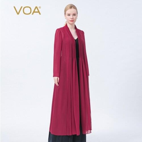 VOA Silk Georgette Burgundy Scarf Tie Ribbons Long Sleeves Folds Resin Solid Color Long Windbreaker Women Thin Trench Coat FE158
