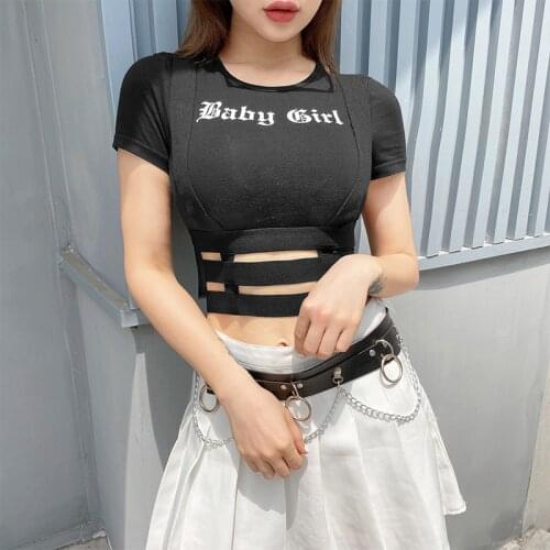 Black Goth Women Hipster Tight T-shirt 2020 Lady Letter Print Short Hollow Out Bandage Sexy Tshirt Punk Gothic Cool Basic Top