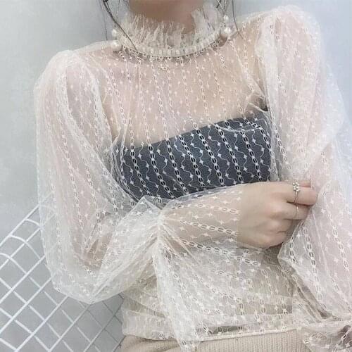 Women Flare Sleeve Polka Mesh Gauze Hollow Out Lace Flower Basic Mesh Shirt New Vintage Elastic Slim Pullover Blouse Tops