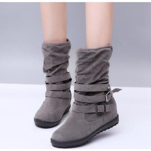 Autumn Winter New Womens Casual Flat Ankle Boots Fashion Belt Buckle Folds Martin Boots Female Long Boots Cowboy Boots