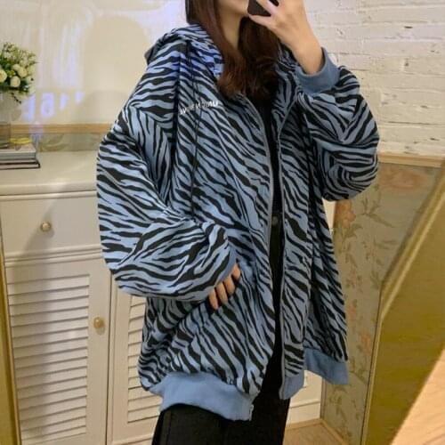 Womens Hoodies Zebra-stripe Long Sleeves Cotton Zipper Loose Casual Coat Wholesale Winter 2022 New Fashion Female Clothes
