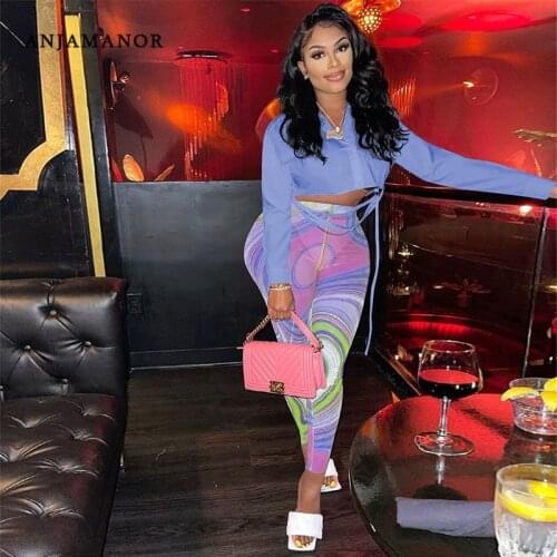 ANJAMANOR Sexy 2 Piece Pants Sets Club Outfits Fall 2021 Womens Fashion Long Sleeve Shirts Crop Top Print Mesh Leggings D44-DC24