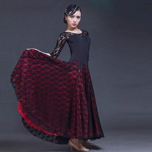 2018 new big wing lace splicing modern dance dress black perspective long sleeved waltz tango flamenco practice Dance Costume