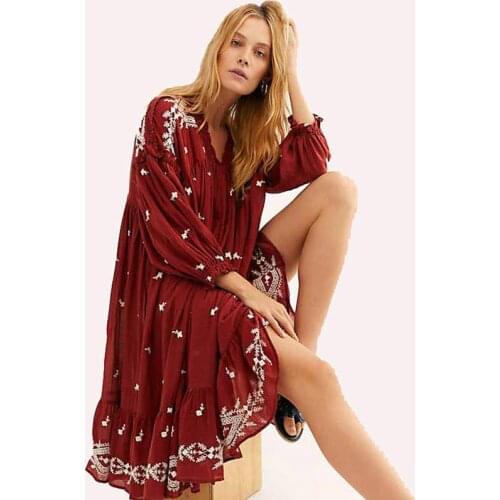OrGyspy Boho Floral Embroidery Dress Women Clothing Casual Loose V-neck Long Bubble Sleeves Cotton MIDI Dresses Vintage Vestidos