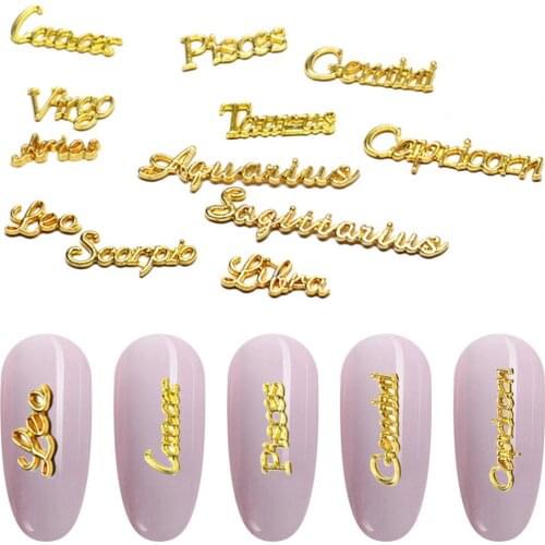 12Pcs/Set Constellation Style Nail Art Charm DIY 3D Effect Metal Letters Shape Rhinestone Tips Decoration Nail Rhinestone Gems